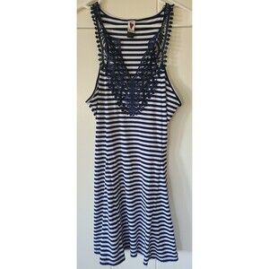 Love Rocks Jrs Striped Dress L Blue & White Paneled w Crochet Neckline